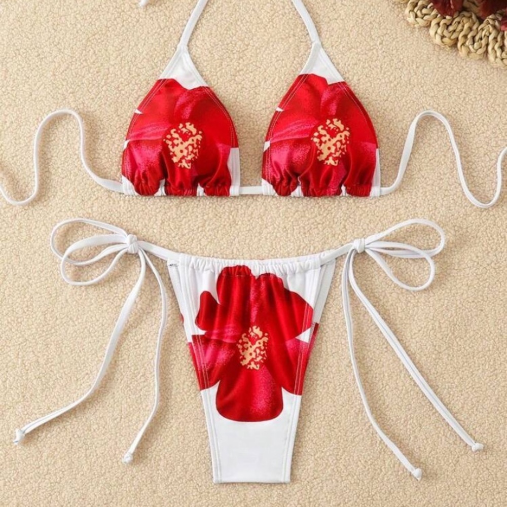 Floral Red and White Bikini Set women L (8/10) large brand new SHEIN swimsuit
